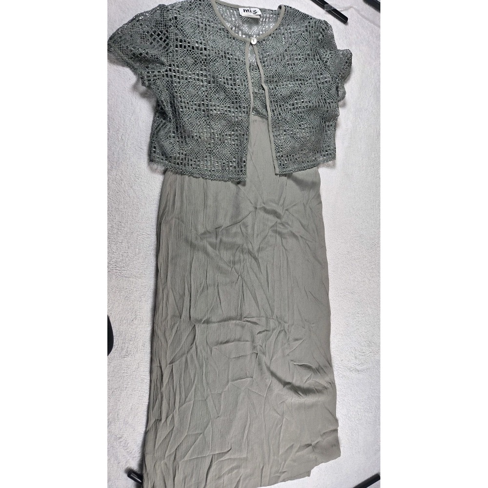 Vintage Sage Green 2 Piece Dress Set Size 12 Lace Crochet Bolero Midi Formal